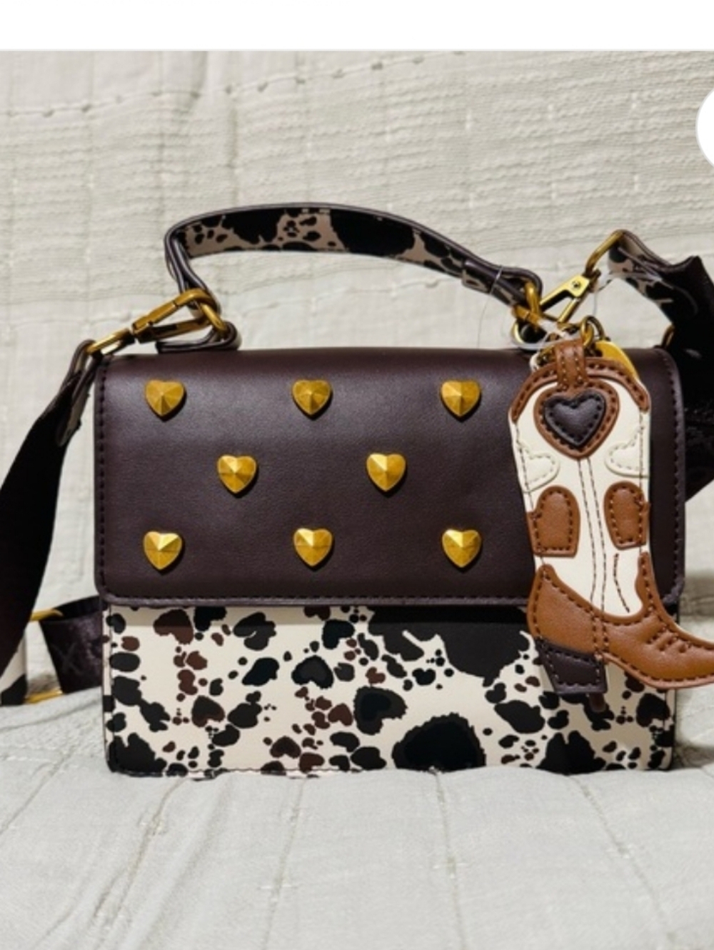 Betsey Johnson Western Brown & Black Cow Purse with Cowgirl Boot & Heart Charms